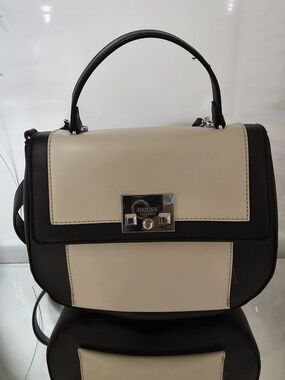 GUESS Black & Cream Structured Top-Handle Satchel